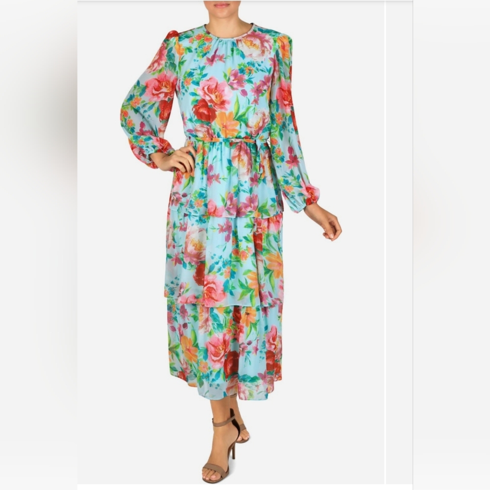 Julia Jordan Tie Waist Tiered Long Sleeve Midi Dress NWT